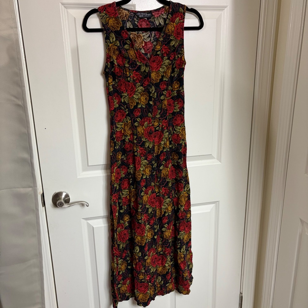 Vintage All That Jazz Floral Rose Maxi Dress 90s Grunge Sleeveless Button Front